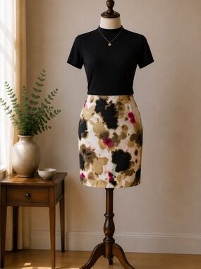 Alfani Abstract Print Stretch Pencil Skirt Beige Black Pink Women's Size 4